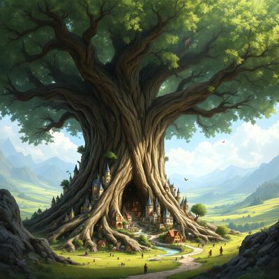 The primary subject of the image is a large tree with a hollow trunk, surrounded by a lush green forest. The setting is a picturesque landscape with a small village nestled in the tree's hollow. The visual style is a digital art illustration, creating a whimsical and imaginative scene. The colors are predominantly green, with the tree and forest providing a natural and serene atmosphere.